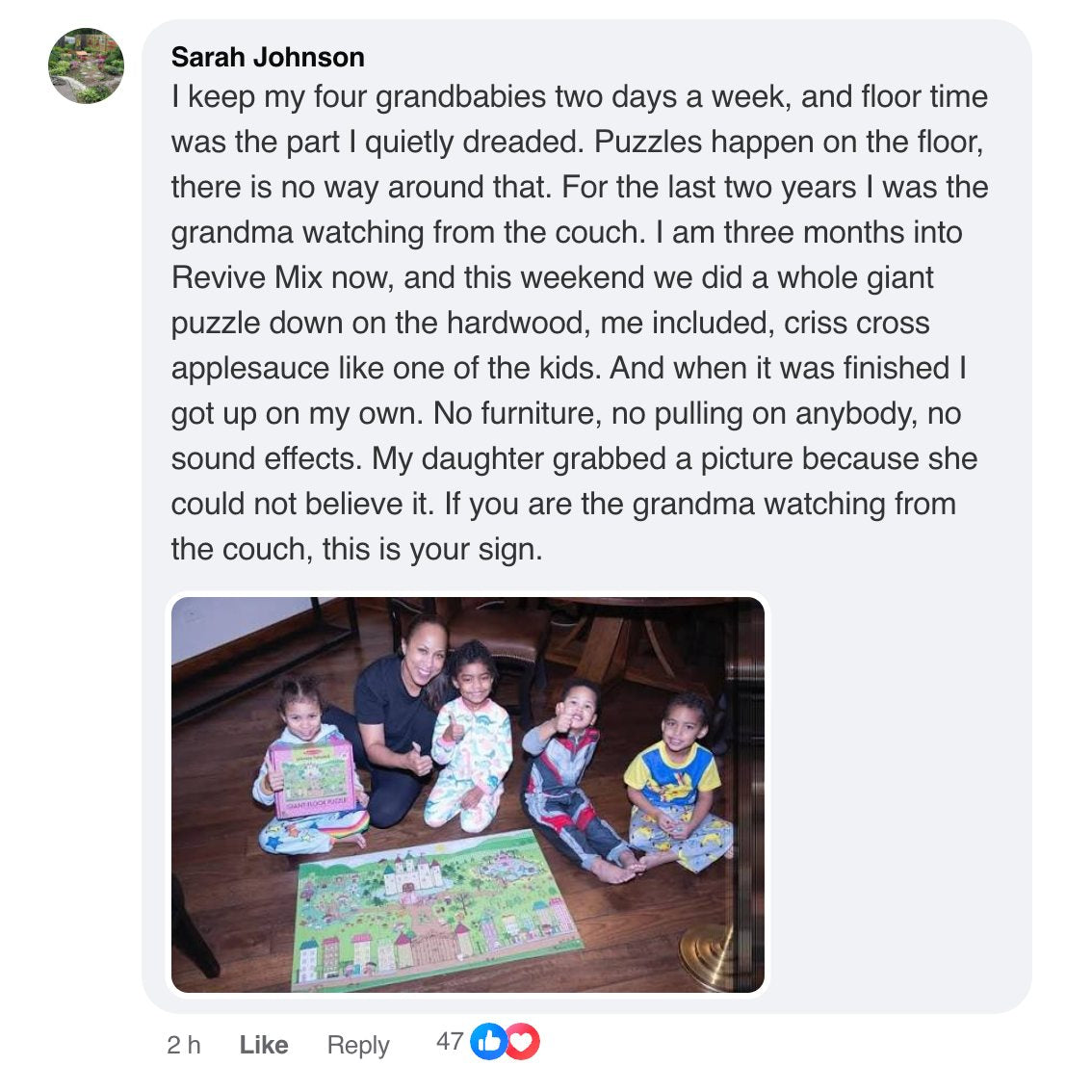 Grandma doing a floor puzzle with her grandkids, customer review